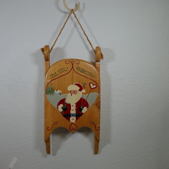 Santa Hand Painted Wooden Sled 18" Season Greetings Signed 1995 Mexico Vintage - Picture 1 of 15